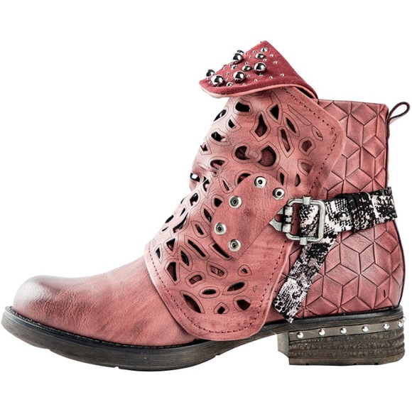 Combat Boots Studded Heels Biker Shoes-Winered - Picture 4 of 7